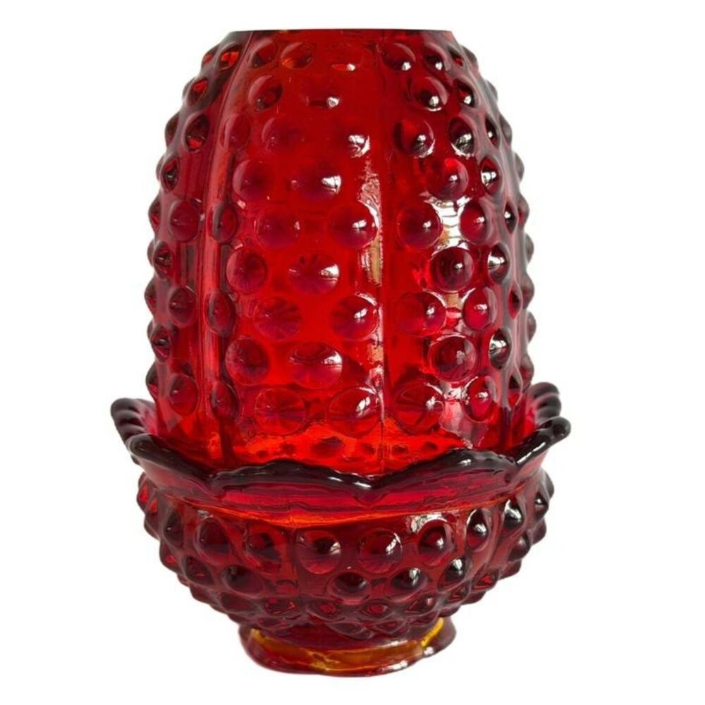 Vintage Fenton Hobnail Mini Fairy lamp Cranberry Red Glass Amberina cadmium glow
